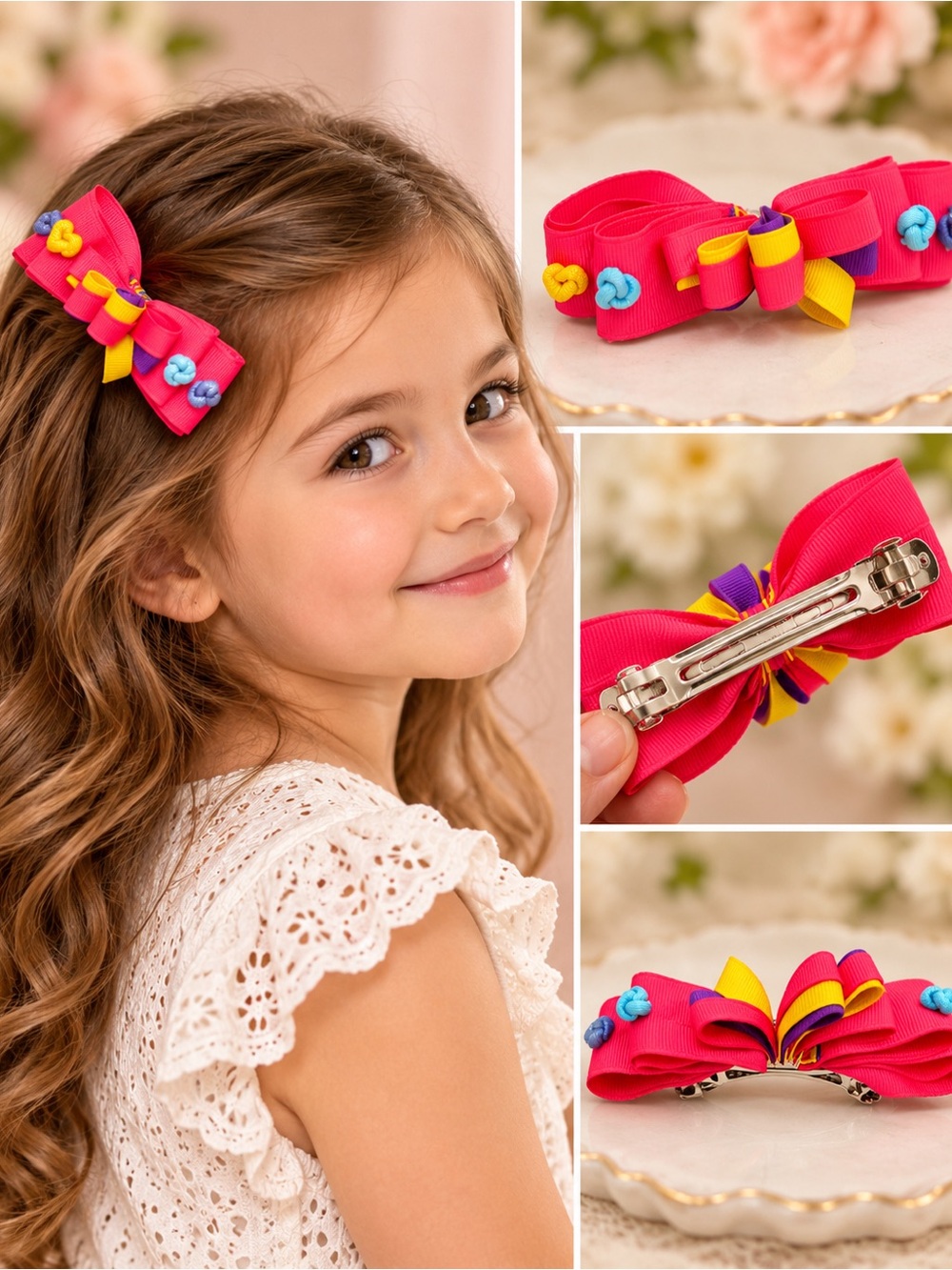 Adorable Hot Pink Rainbow Bow Hair Clip for Girls